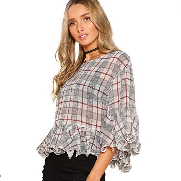Ruffle Sleeve and Hem Plaid Crop Top - Picture 2 of 5